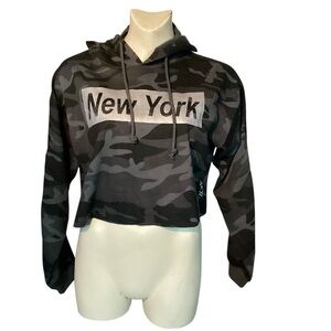 Popsurf Camo Black Gray Cropped “New York” Hoodie Sweatshirt Sz Small
